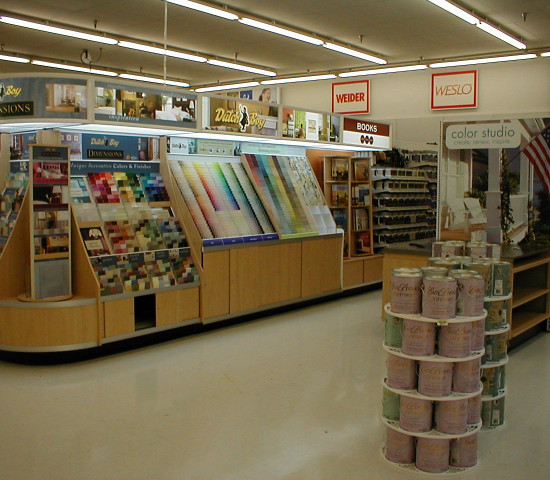 A strong paint department - but no employee was in evidence to help with paint selection and mixing.
