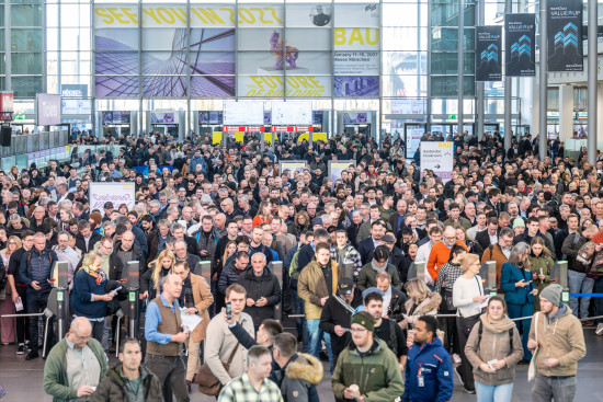 Dense crowds on the second day of the fair - Bau occupies all 18 halls of the Munich exhibition centre.