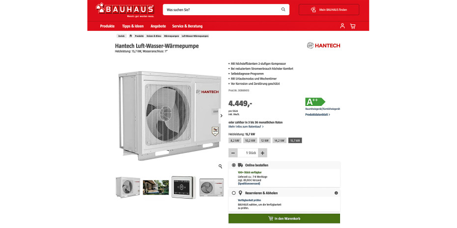 Bauhaus is one of the few DIY stores that already stocks a larger range of heat pumps. Screenshot without source reference.